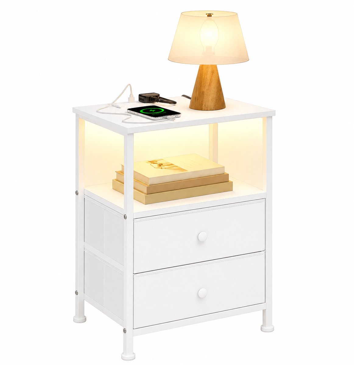 Veya Nachtkastje set van 2 - 21 dynamische kleuren LED-verlichting - Telefoon (draadloos) opladen - 40x30x60cm (BxDxH) - Wit