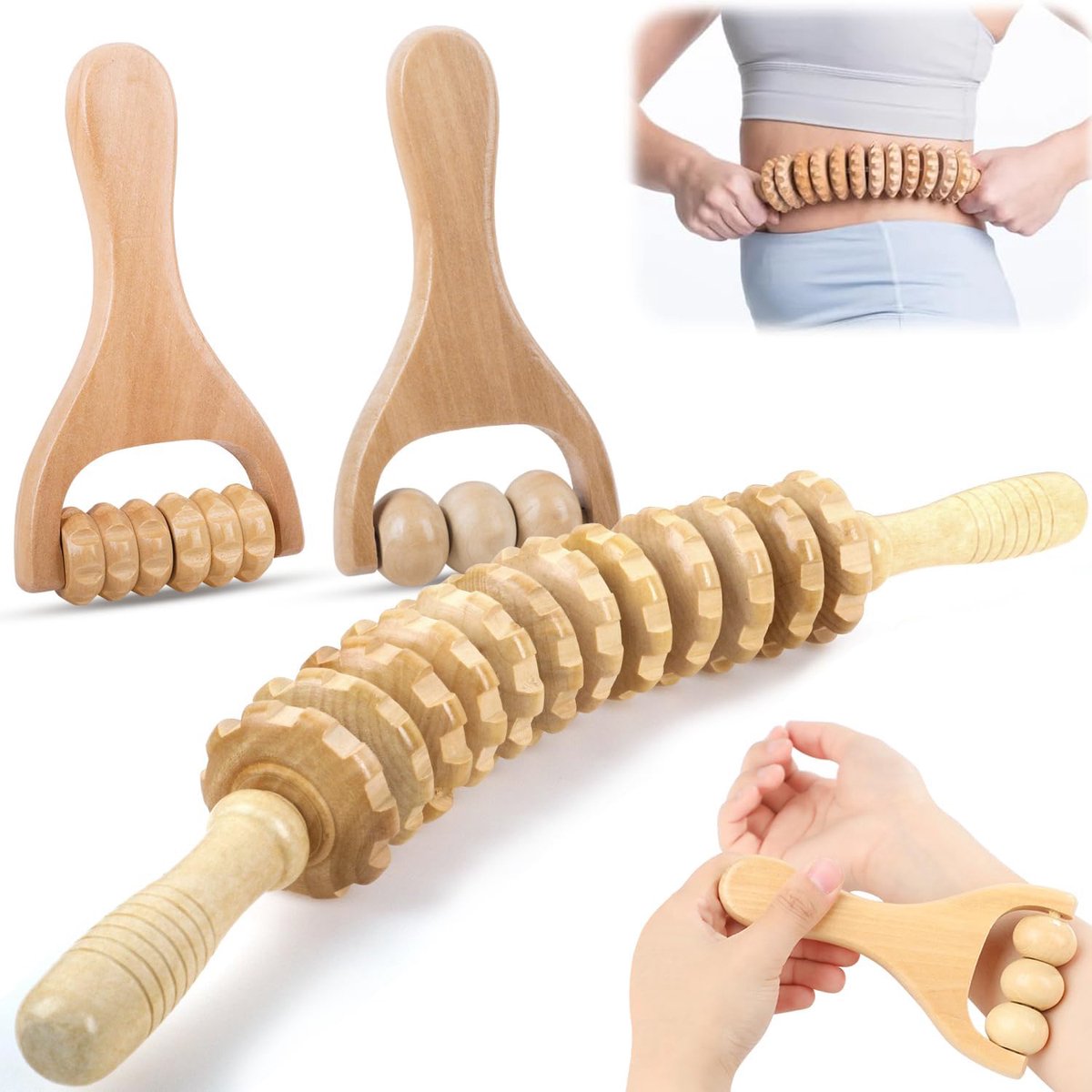 3 Stuks Houten Massageroller - Lymfedrainage Massageapparaat - Voor Lichaamssculptuur En Lymfedrainage