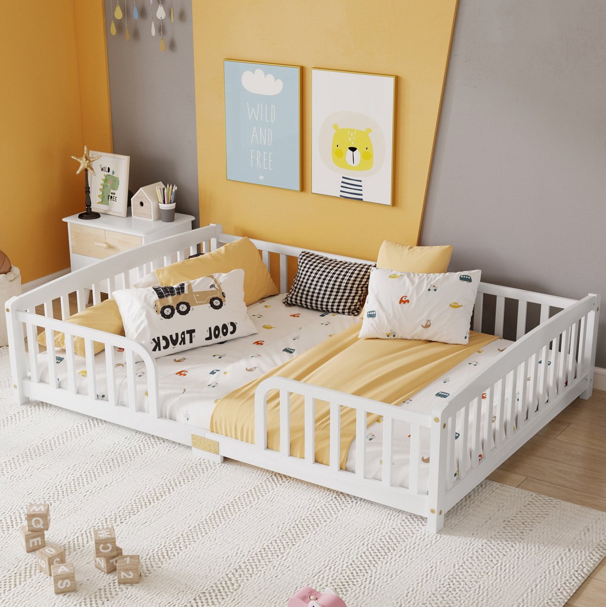 Bed met Veiligheidsreling – 140 x 200 cm – Grenenhout – Wit – Kinderbed met Middeltoegang voor Kinderen
