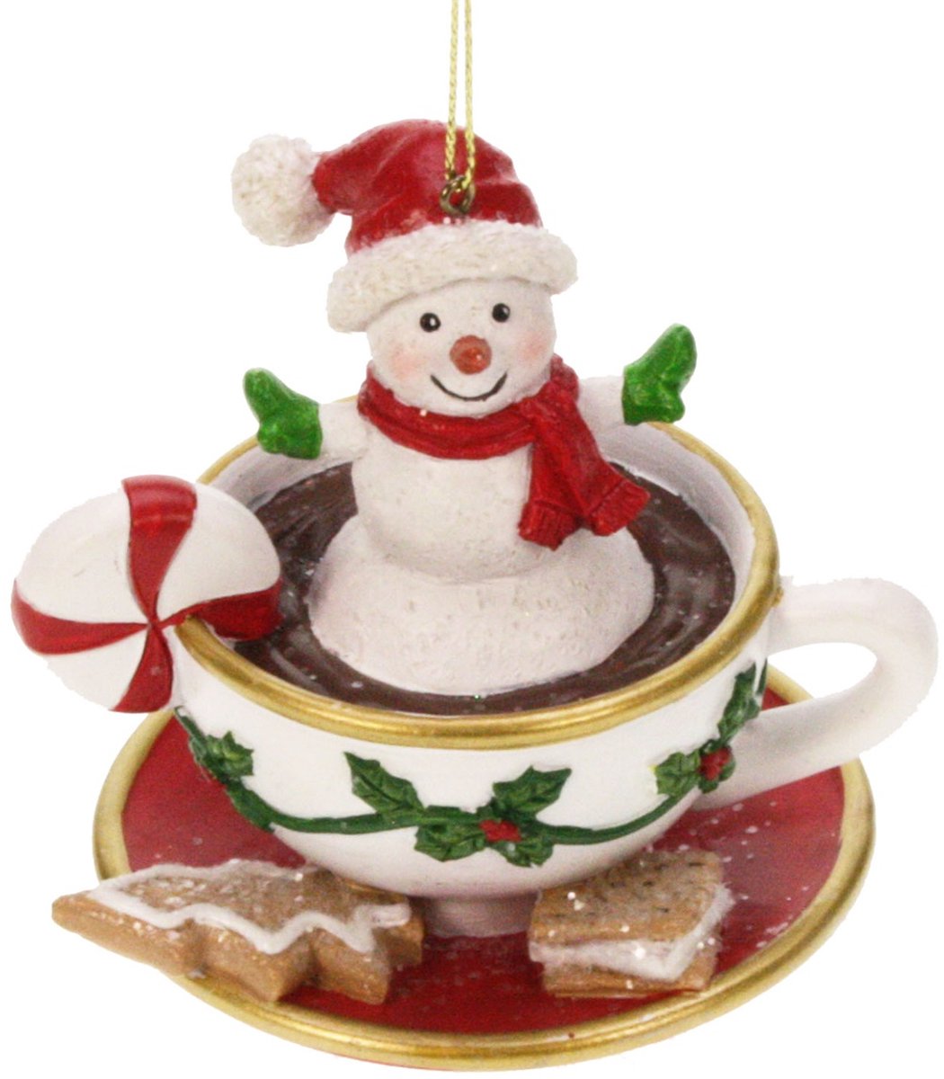 Ornament Kerstmok met sneeuwpop 8x8x9cm