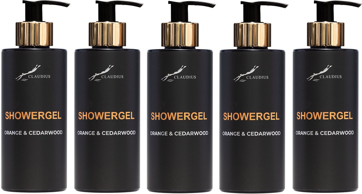 Showergel Sweet Orange & Cedarwood 300 ml - met gouden pomp - zwarte fles - set van 5 stuks - Voordeelverpakking