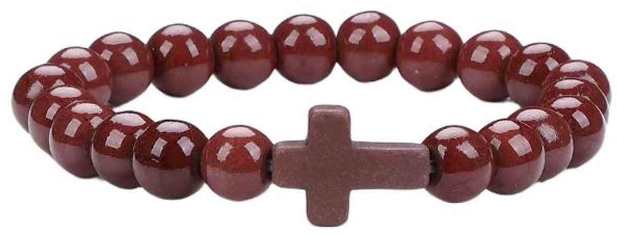 Kruis armband heren - Jezus - Christelijk - bijbel kralen Bordeaux - 20 cm