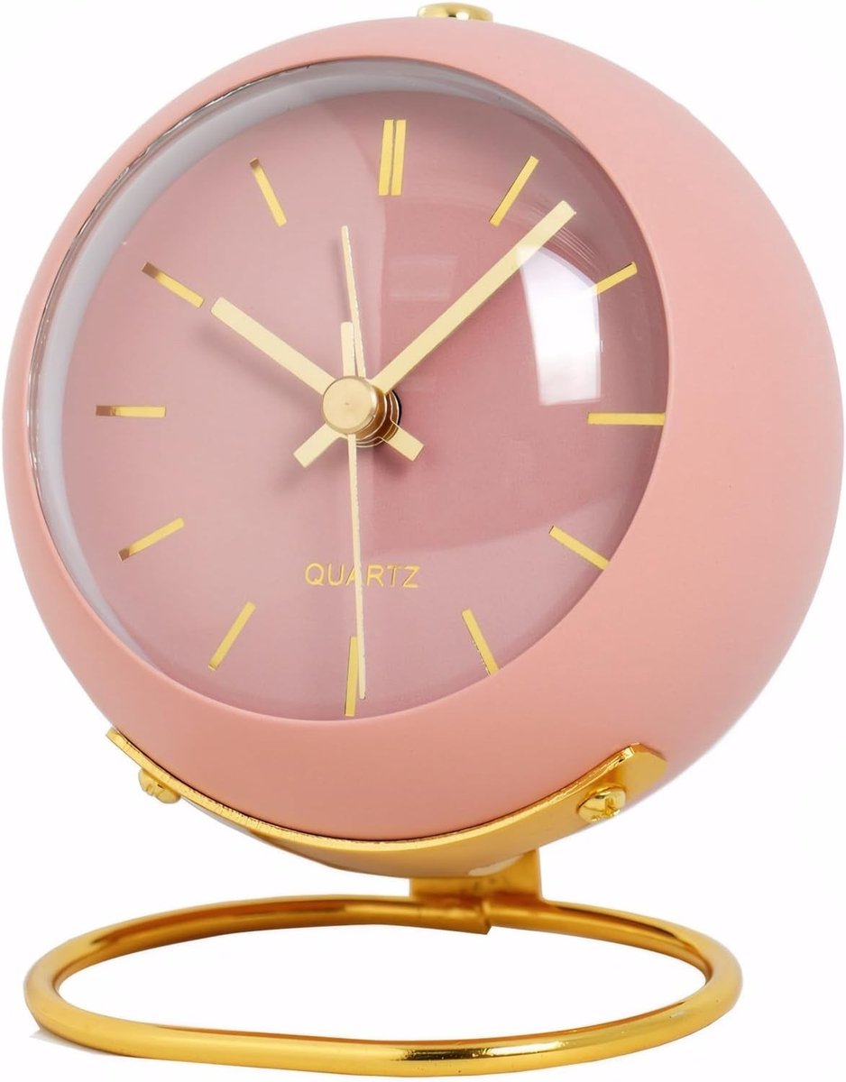 Retro Quartz Klok met Nachtlampje - Stille Analoge Wecker voor Slaapkamer, Bureau en Reizen - Schattig Ontwerp, Batterijgevoed, Roze