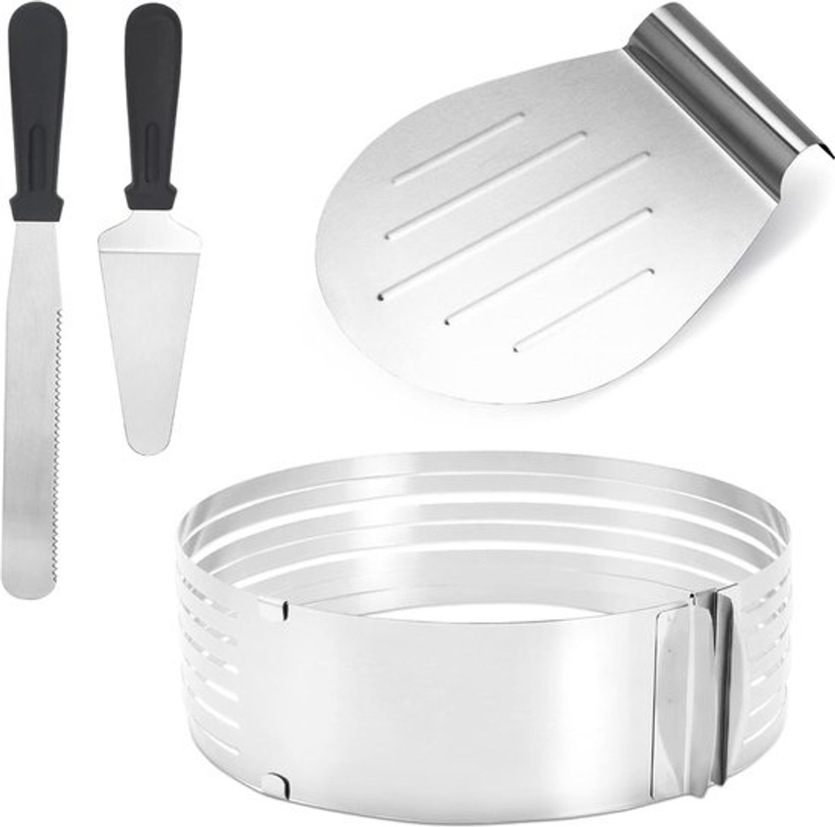 Taartset 4-delig - Taartsnijder hulp - Gelijkmatige lagen snijden - Verstelbare taartring - Ø 23-30 cm - Zilver