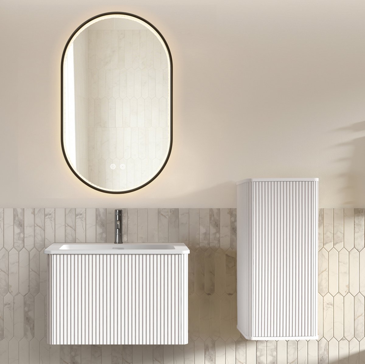 STILVORA Badkamermeubelset - Wandhangende Wastafel Met Onderkast, Zijkast En Ledspiegel - Voor Moderne Badkamer - Hout En Glas - 60 Cm - Wit