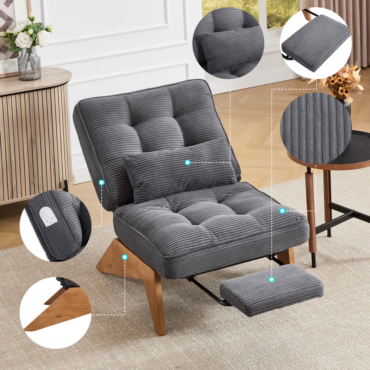 Wishdor Relaxfauteuil - Verstelbare rugleuning - Voetsteun en lendenkussen - Retro - Woonkamer slaapkamer balkon - Stof en hout - Donkergrijs - 127 x 73 x 90 cm