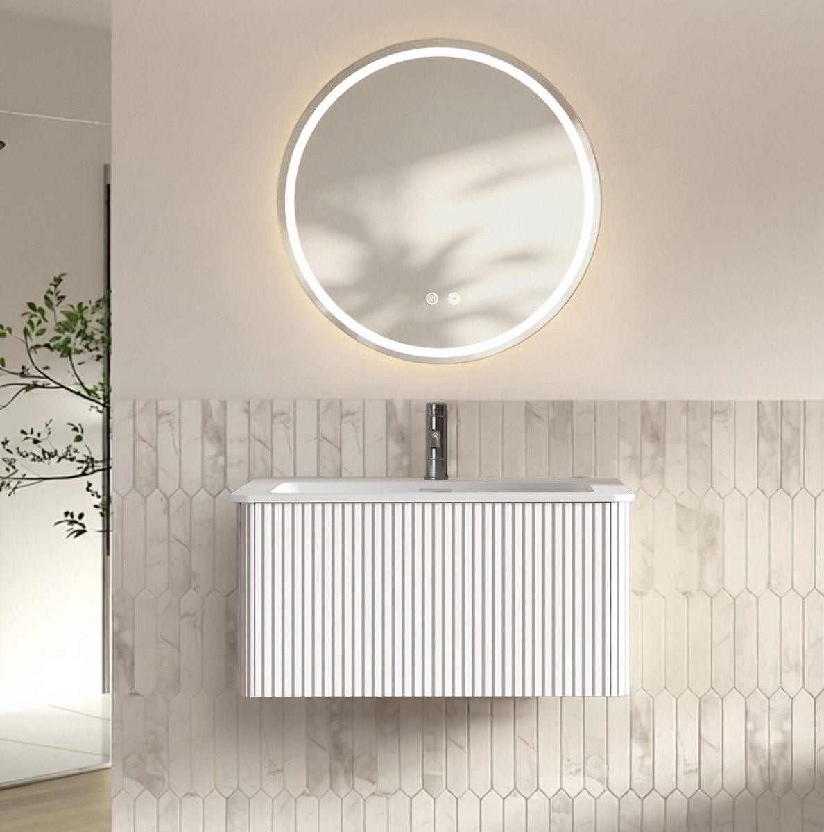 OKWISH Badkamermeubelset Met LED Spiegel Wandhangend 80 Cm Wit Met Waschtafel En Opbergkast Vormontage Design Voor Moderne Badkamer