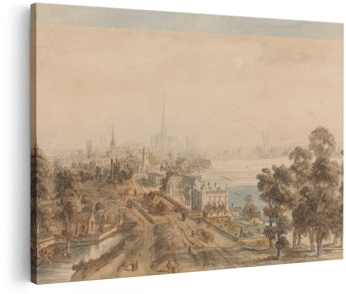 Artaza Canvas Schilderij Stadsgezicht - 180x120 cm - Groot - Wanddecoratie Vintage Landschap - Muurdecoratie Klassiek - Decoratie Kerktorens Rivier
