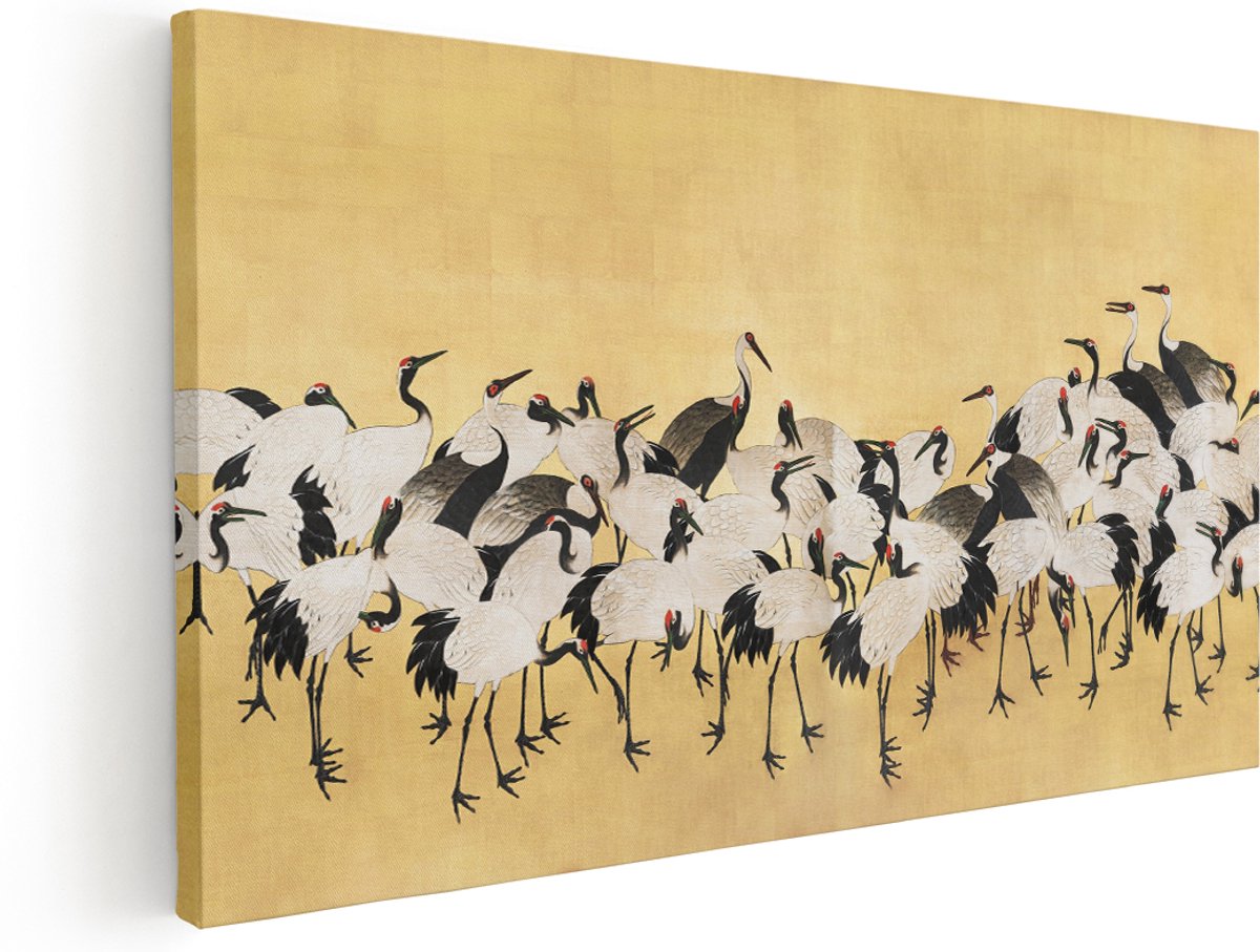 Artaza Canvas Schilderij Japanse Vogels - 180x90 cm - Groot - Wanddecoratie Goud - Muurdecoratie Dieren - Traditionele Kunst - Kamer Accessoires