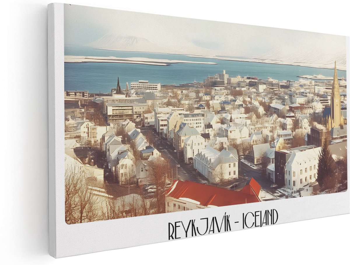 Artaza Canvas Schilderij Ijsland Stad - 180x90 cm - Groot - Wanddecoratie Besneeuwde Daken - Muurdecoratie Hal - Schilderijen Op Canvas Winter