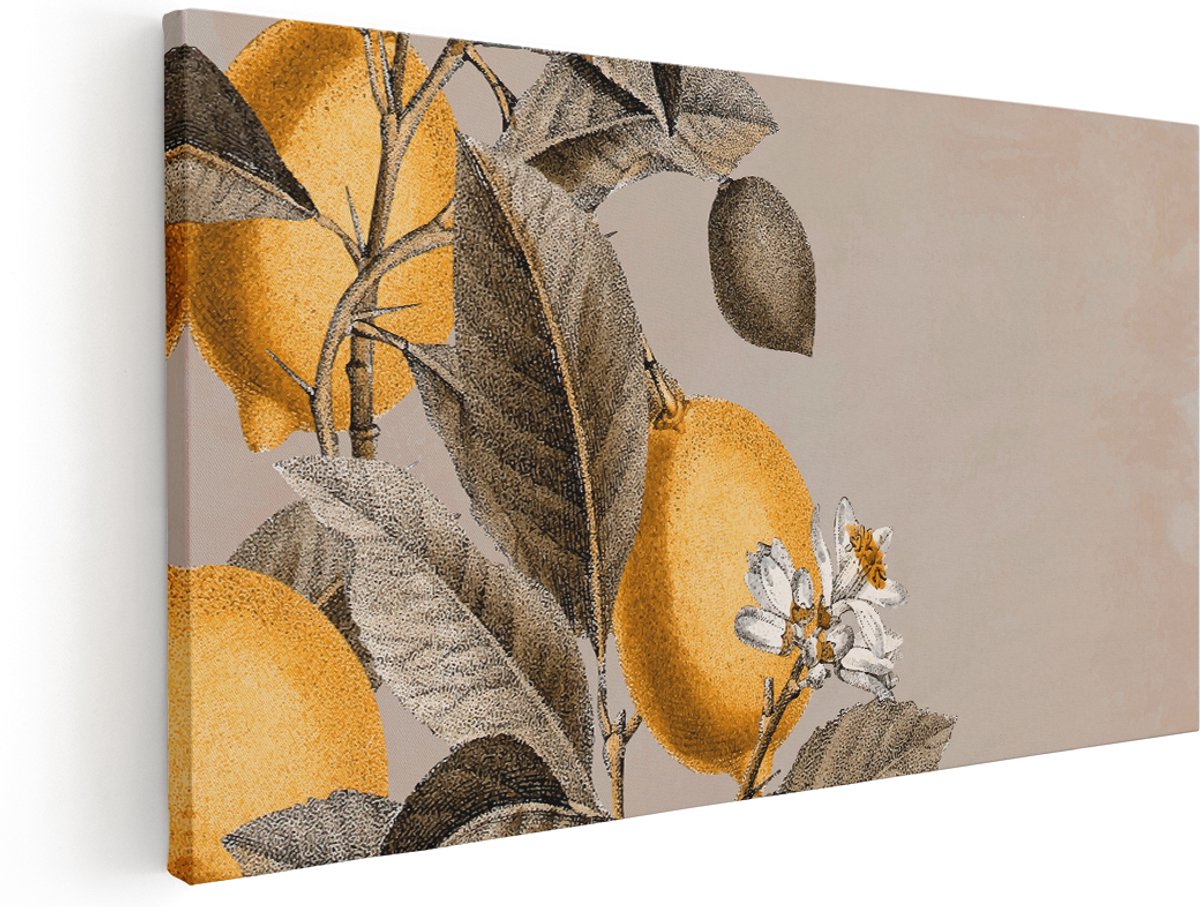 Artaza Canvas Schilderij Citroenboom - 180x90 cm - Groot - Botanische Wanddecoratie Vintage - Muurdecoratie Bloesem - Boho Decoratie Fruit