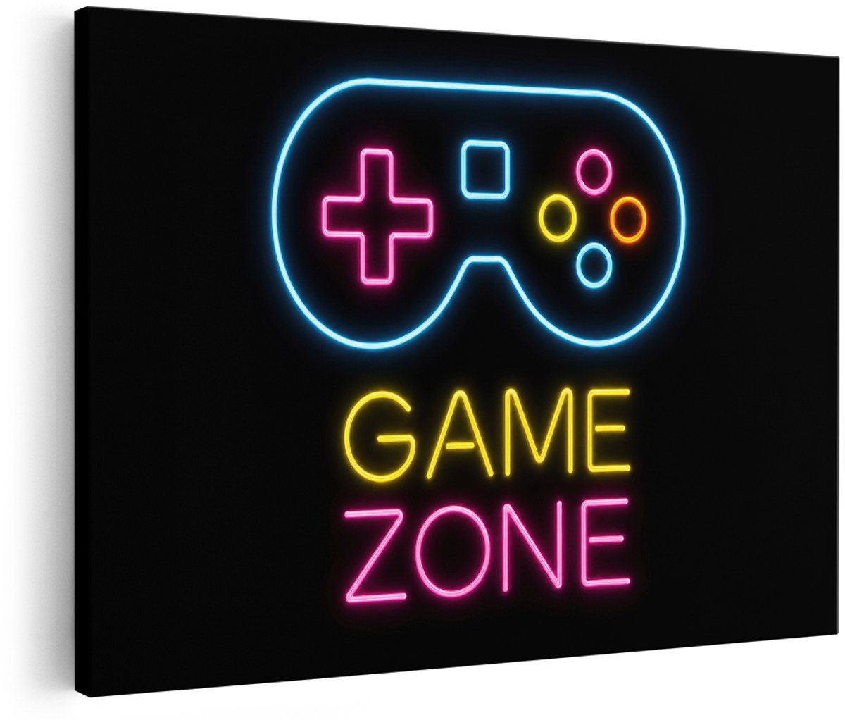 Artaza Canvas Schilderij Neon Game Zone Controller - Vintage Gaming - 180x120 cm - Groot - Wanddecoratie Woonkamer - Schilderijen - Muurdecoratie