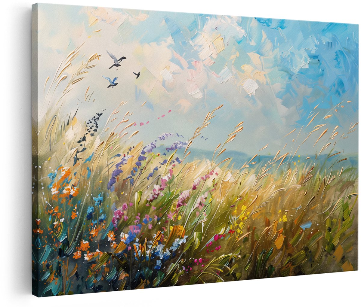 Artaza Canvas Schilderij Bloemenveld - 180x120 cm - Groot - Wanddecoratie Bloemen - Muurdecoratie Natuur - Schilderijen Landschap - Kleurrijk