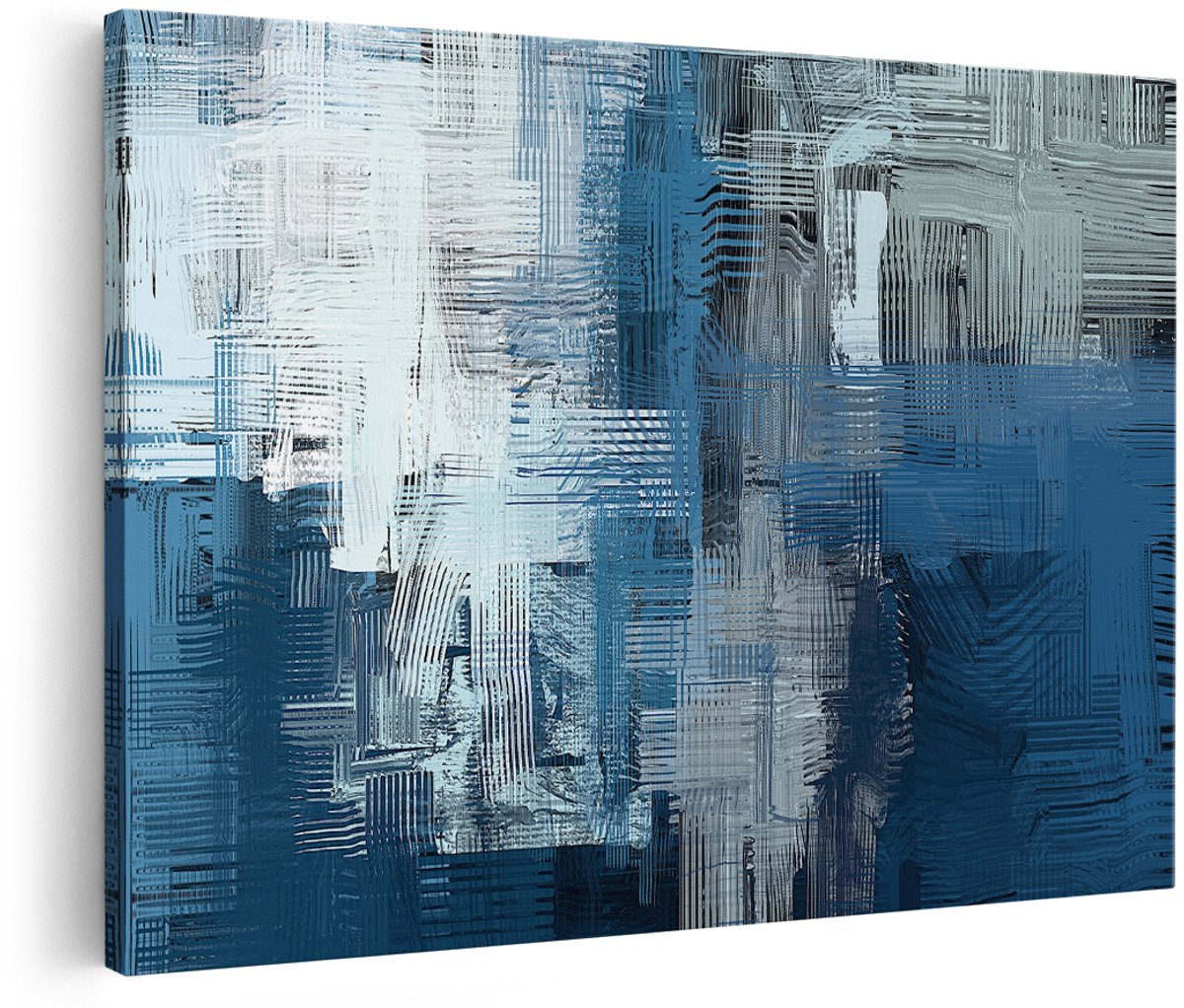 Artaza Canvas Schilderij Abstracte Kunst - Blauw Witte Penseelstreken - 180x120 cm - Groot - Wanddecoratie Woonkamer - Schilderijen - Muurdecoratie
