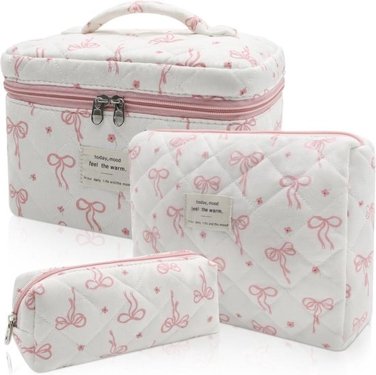 Gewatteerde Make-up Tassen - Cosmetica Organizer - Reizen en Organiseren - Uniek Bloemenpatroon - 3 Maten Set - Wit Roze