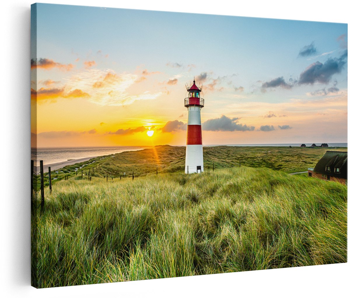 Artaza Canvas Schilderij Vuurtoren met Zonsopgang op een Eiland - 180x120 cm - Groot - Foto Op Canvas - Wanddecoratie Woonkamer