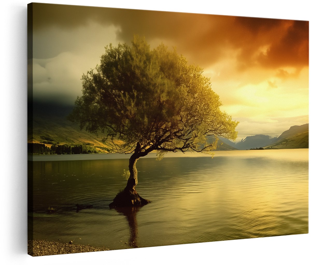 Artaza Canvas Schilderij Eenzame Boom aan een Meer - Landschap - 180x120 cm - Groot - Wanddecoratie Woonkamer - Schilderijen - Muurdecoratie