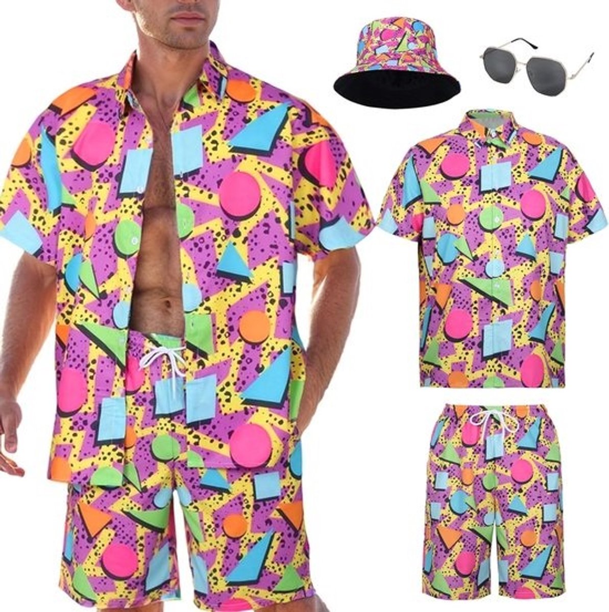 Heren Hawaii Set: Tropisch Korte Mouw Shirt en Korte Broek met Zonnebril | Zomer Strand Vakantie Feest