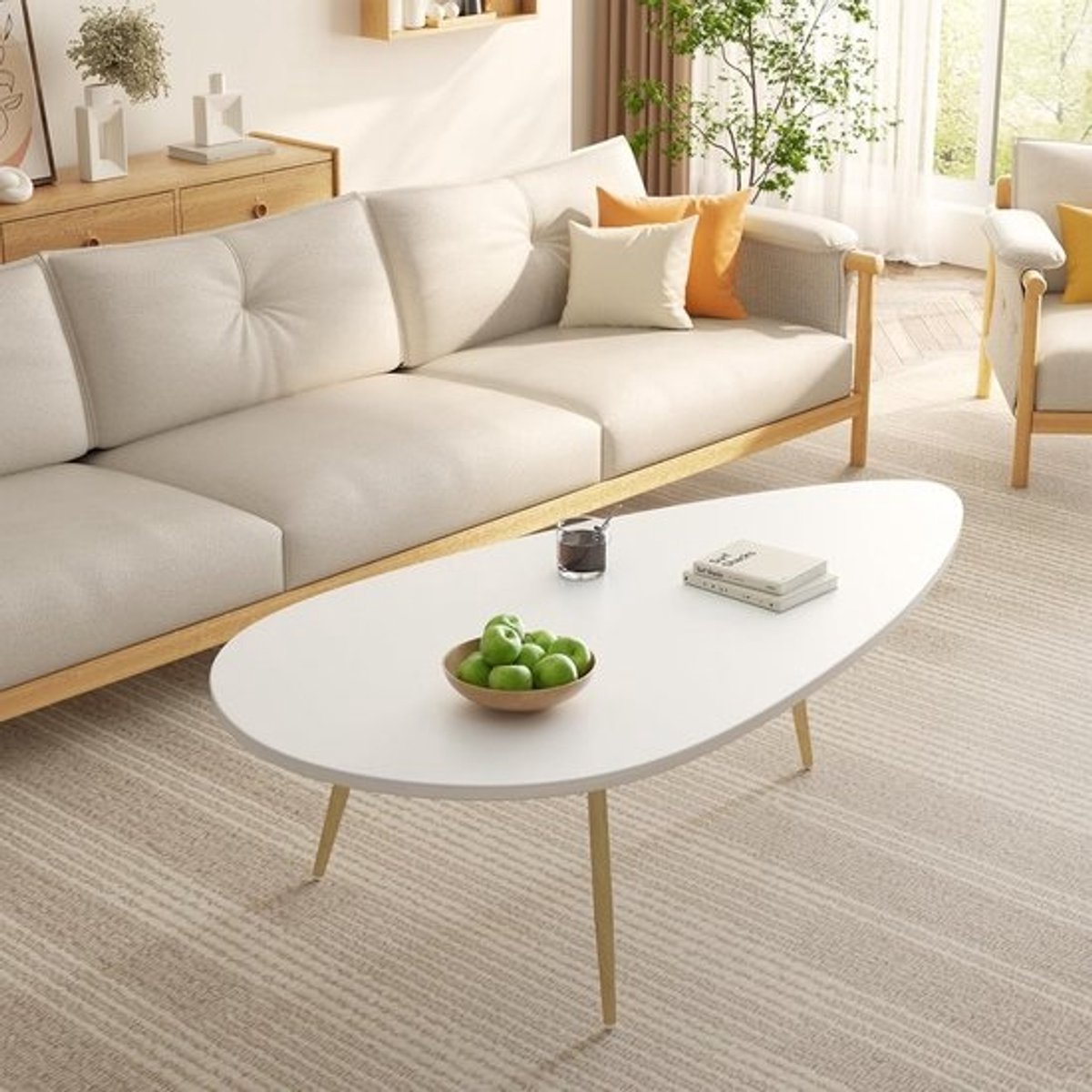 Ovale salontafel - Middenhouten tafel - Woonkamer inrichten - Uniek druppeldesign - 108 cm breed - Wit