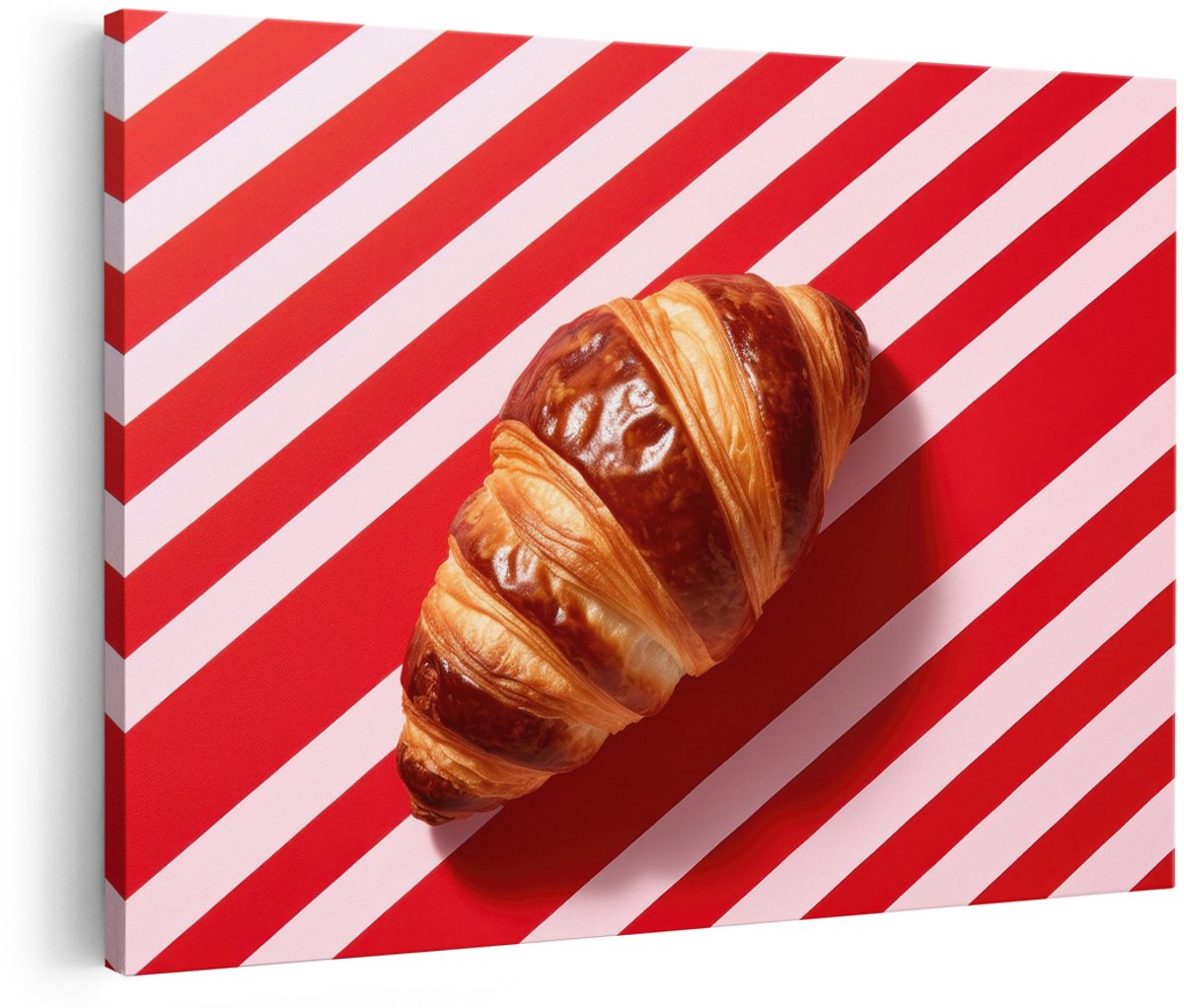 Artaza Canvas Schilderij Croissant - 180x120 cm - Groot - Wanddecoratie Keuken - Muurdecoratie Foodfotografie - Decoratie Rood Wit Gestreept