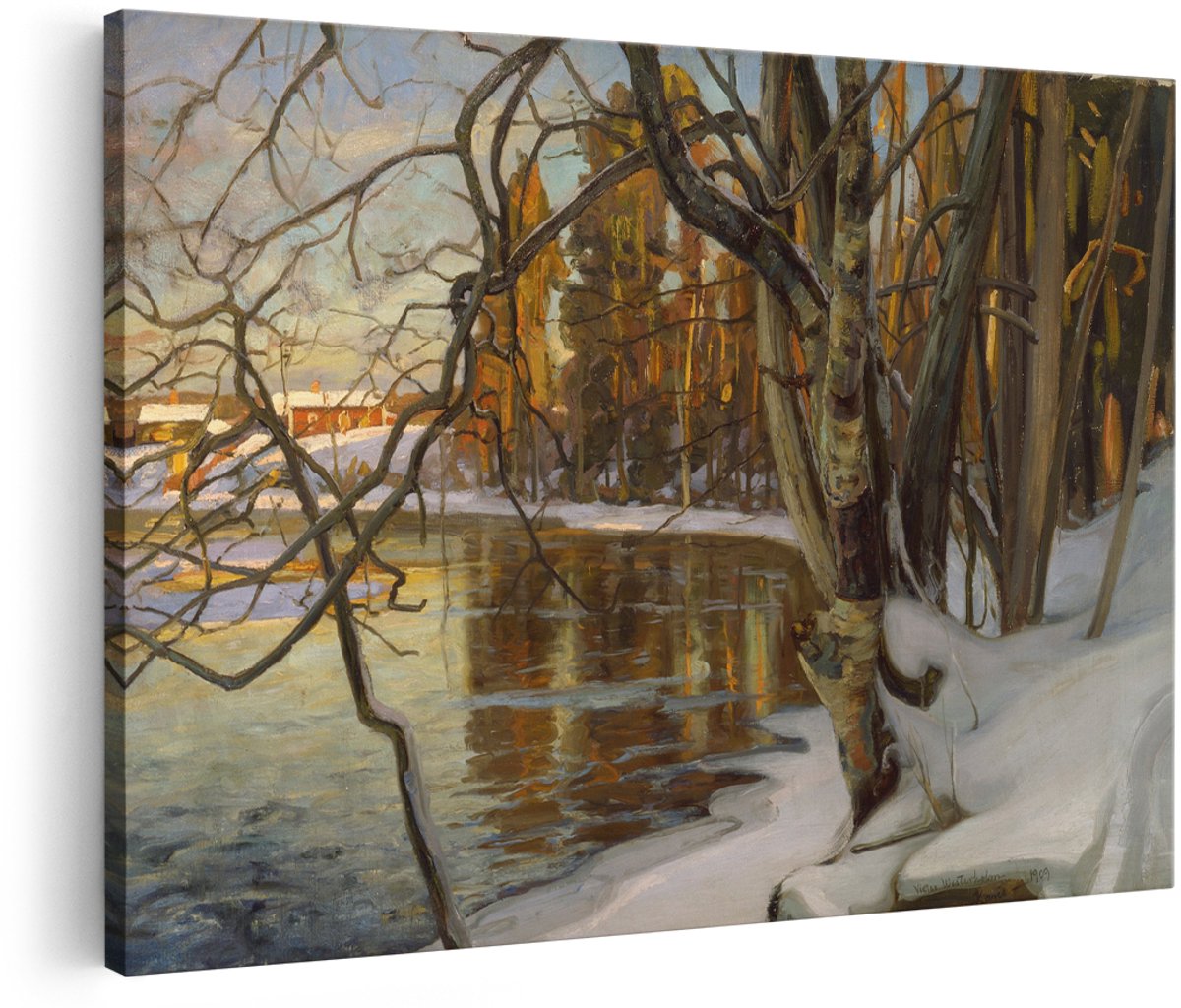 Artaza Canvas Schilderij Winterlandschap - 180x120 cm - Groot - Wanddecoratie Zonsondergang - Muurdecoratie Rivier - Schilderijen Natuur Bos