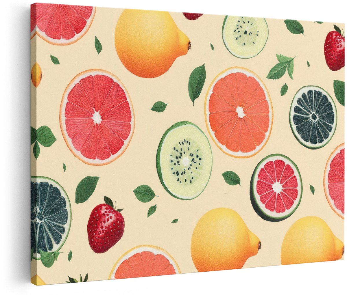 Artaza Canvas Schilderij Fruit - 180x120 cm - Groot - Wanddecoratie Keuken - Muurdecoratie Citrus - Decoratie Kiwi Aardbei - Pastel
