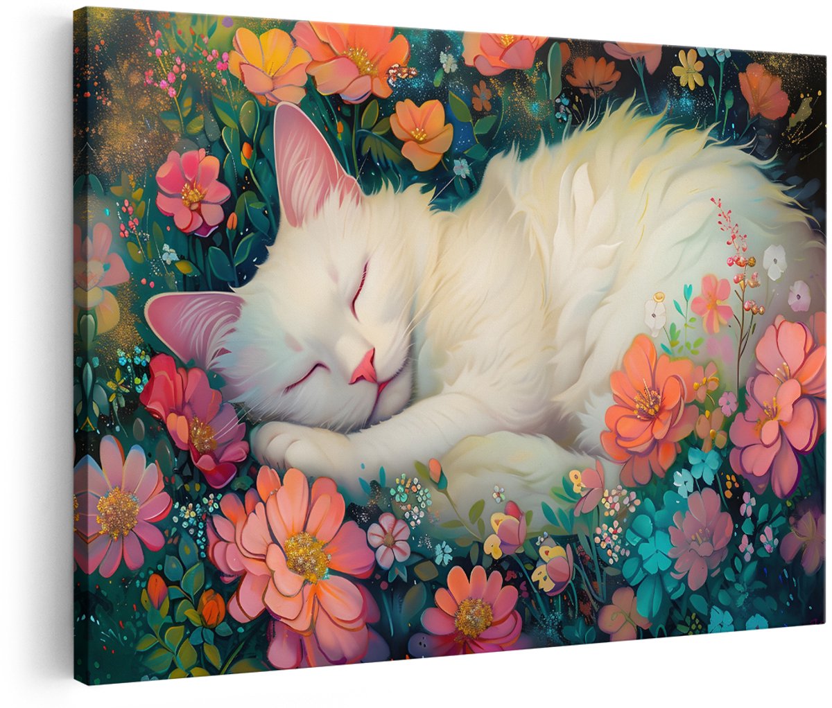 Artaza Canvas Schilderij Kat - 180x120 cm - Groot - Wanddecoratie Bloemen - Muurdecoratie Witte Kat - Decoratie Kleurrijk - Schilderijen Op Canvas