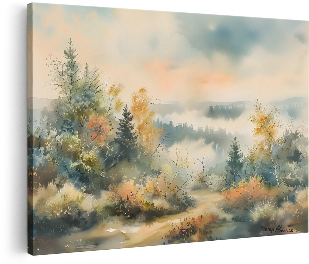 Artaza Canvas Schilderij Bos - 180x120 cm - Groot - Wanddecoratie Mistig Landschap - Muurdecoratie Herfst - Decoratie Natuur Aquarel