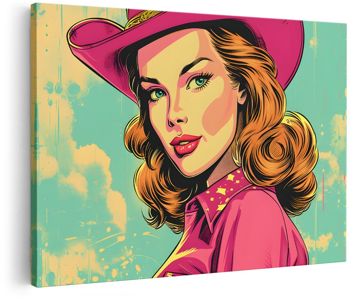 Artaza Canvas Schilderij Vrouw Met Cowboyhoed - 180x120 cm - Groot - Wanddecoratie Pop Art - Muurdecoratie Vintage - Schilderijen Op Canvas - Roze