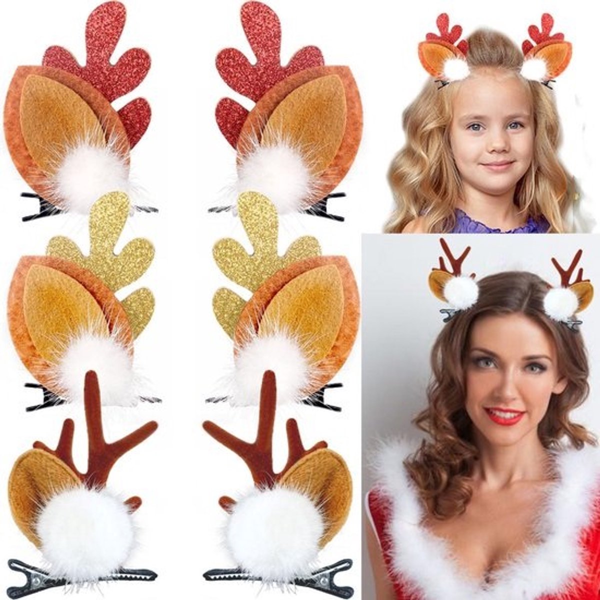 3 Paar Kerst Haarspeldjes met Rendier Gewei Oren - Feestelijke Haaraccessoires