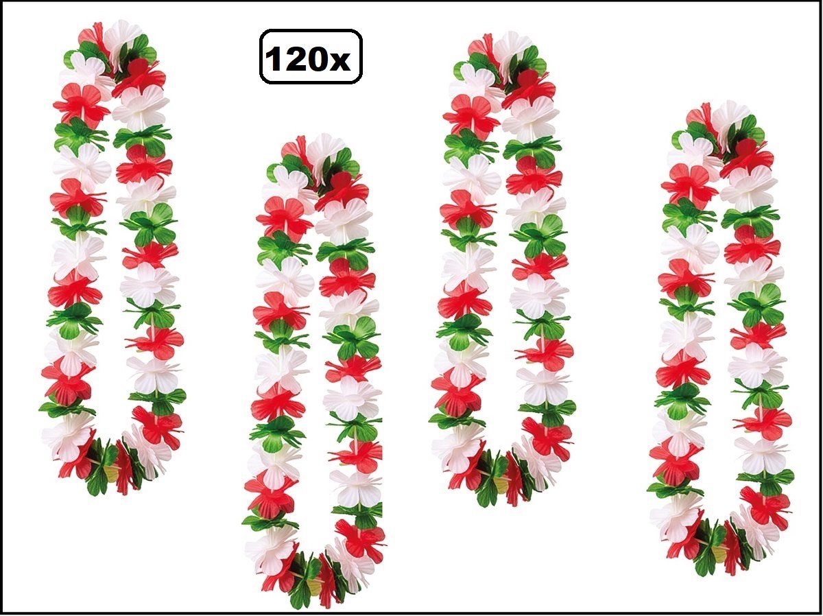 120 stuks Hawai slinger groen/wit/rood - bloemenkrans - Tropical thema feest hawaii krans Italie