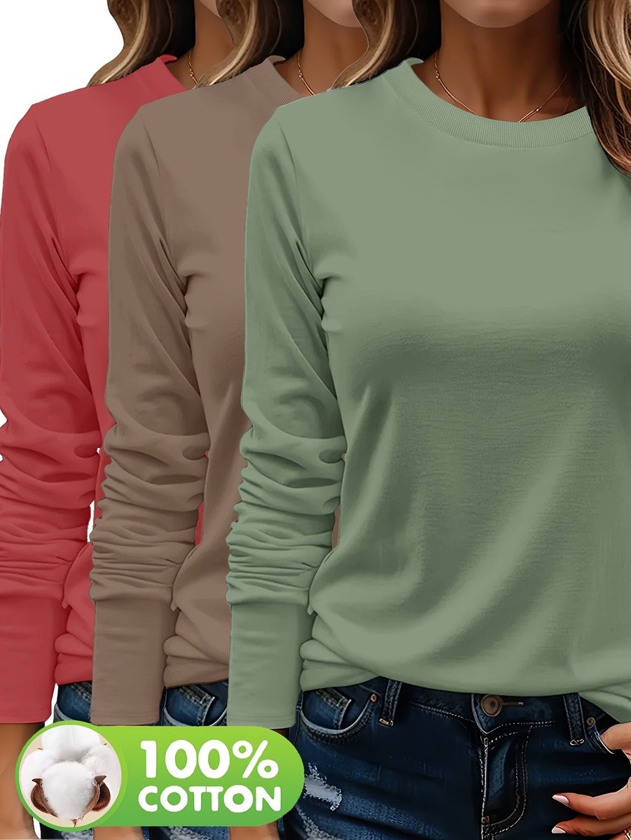 Currero Longsleeve Dames Oversized Lange Mouwen Shirt Roundneck Vrouwen Kleding T-Shirt + Kaki + Baksteenrood Groen