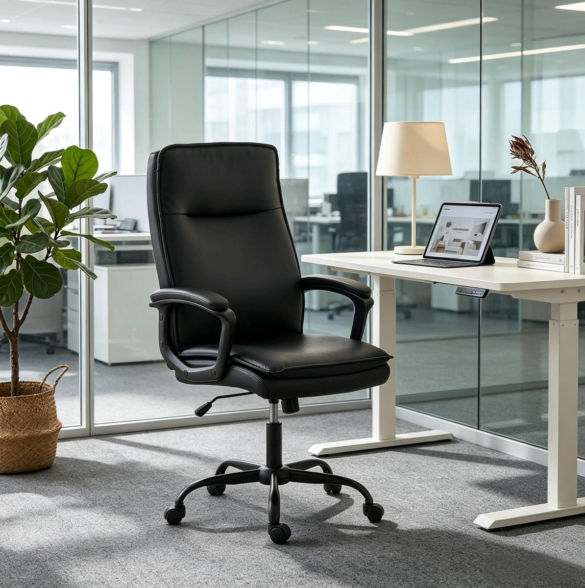 DESMIU Bureaustoel 66 X 70 X 109 119 Cm - Met Vaste Armleuningen En 15 Graden Kanteling - Voor Kantoor En Werkplek - Kunstleer - Zwart