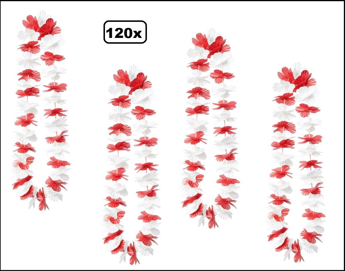 120 stuks Hawai slinger rood/wit - bloemenkrans - Thema feest hawaii krans beach tropical