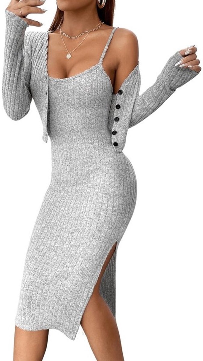 Ribgebreide damesjurk met jas - elegante tweedelige camijurk met split
