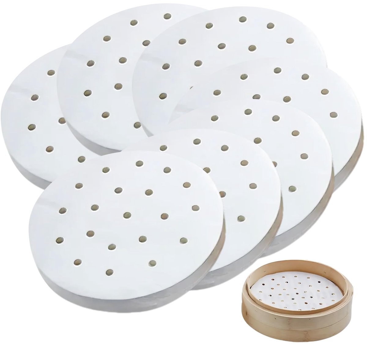 Geperforeerd Stoompapier - Anti-aanbak van Bamboe - Voor Stoomkoken, Dim Sum & Airfryer - 200 stuks, Ø 25.5 cm