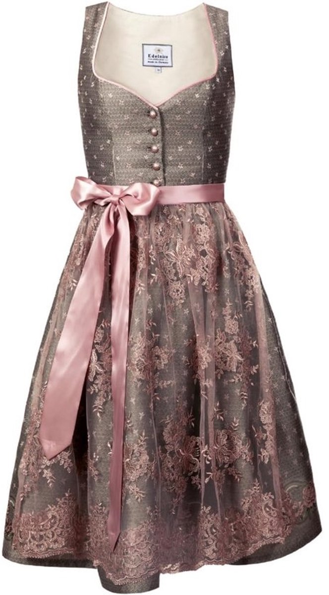 Exclusieve Midi-Dirndl Jurk Dames met Knoopsluiting en Dirndlschort in Grijs