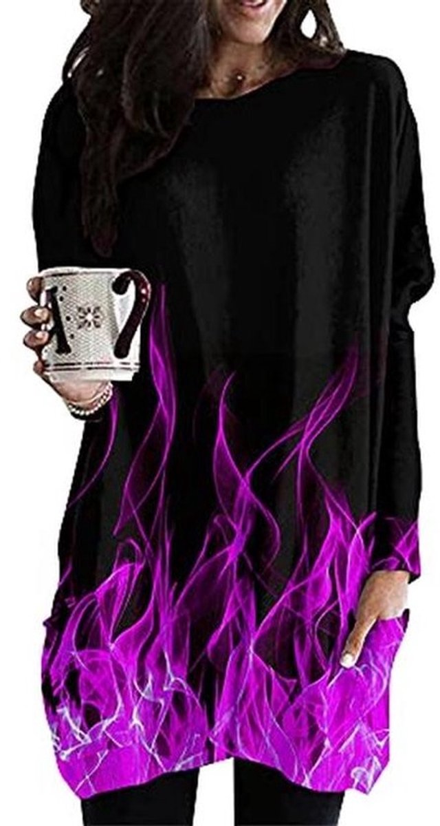 Oversized lange mouwen T-shirt met 3D vlamprint voor dames - Casual mode top voor herfst en winter