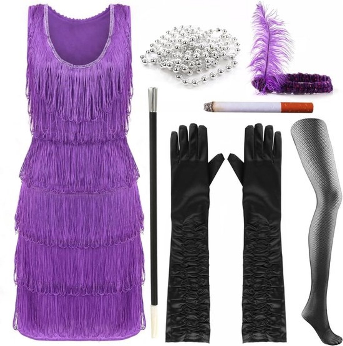 Paarse Flapper Jurk met Franjes en Accessoires - XX-Large