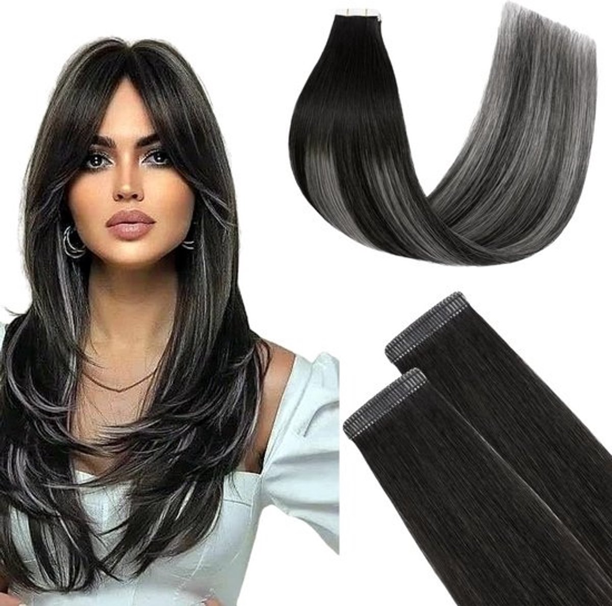 Tape-in Extensions Echt Haar Dubbel Gestikt Ombre Natuurlijk Zwart naar IJsgrijs 45 cm