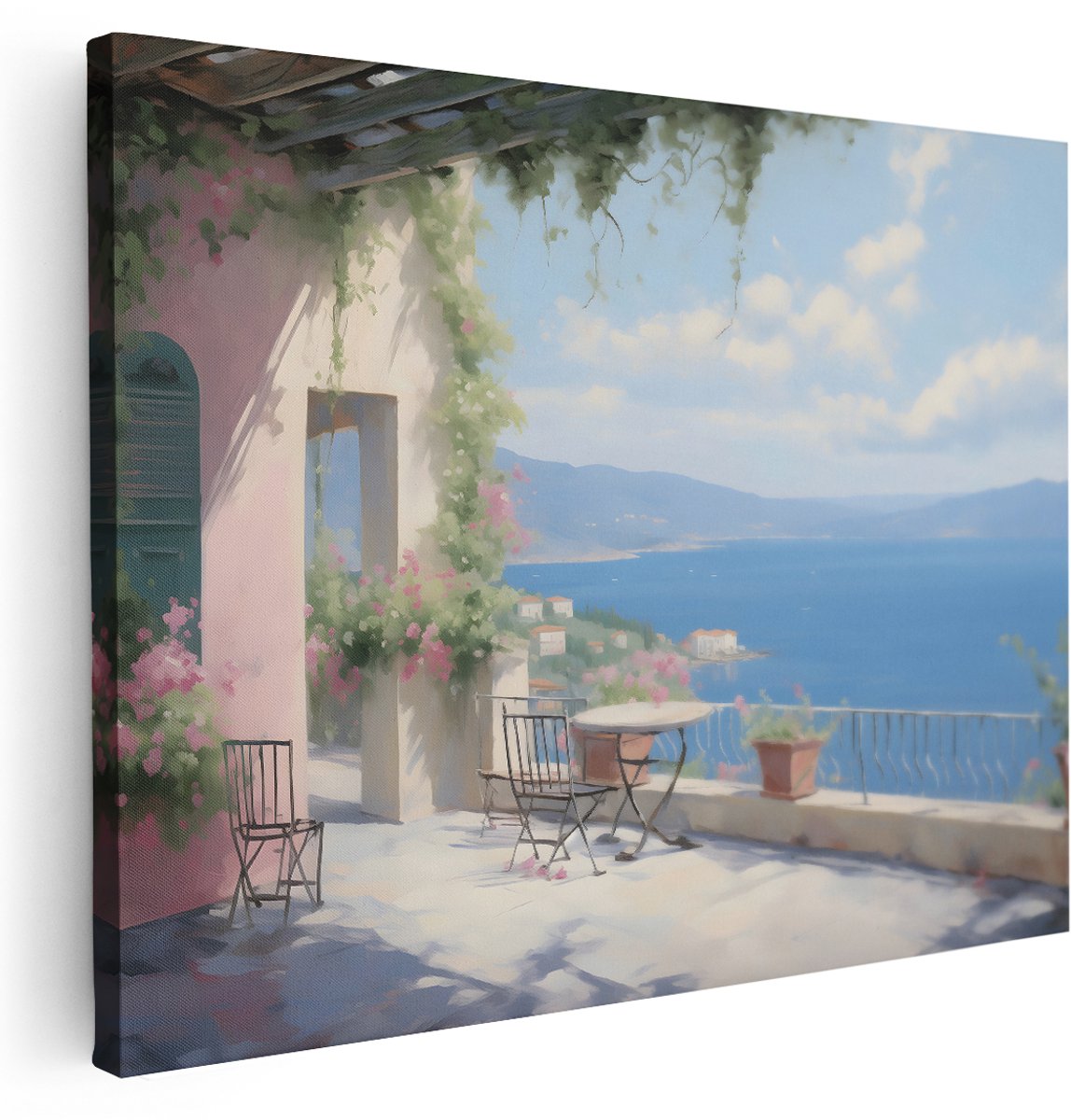 Artaza Canvas Schilderij Mediterraan Landschap - 160x120 cm - Groot - Wanddecoratie Zee En Bergen - Muurdecoratie Terras - Kamer Accessoires