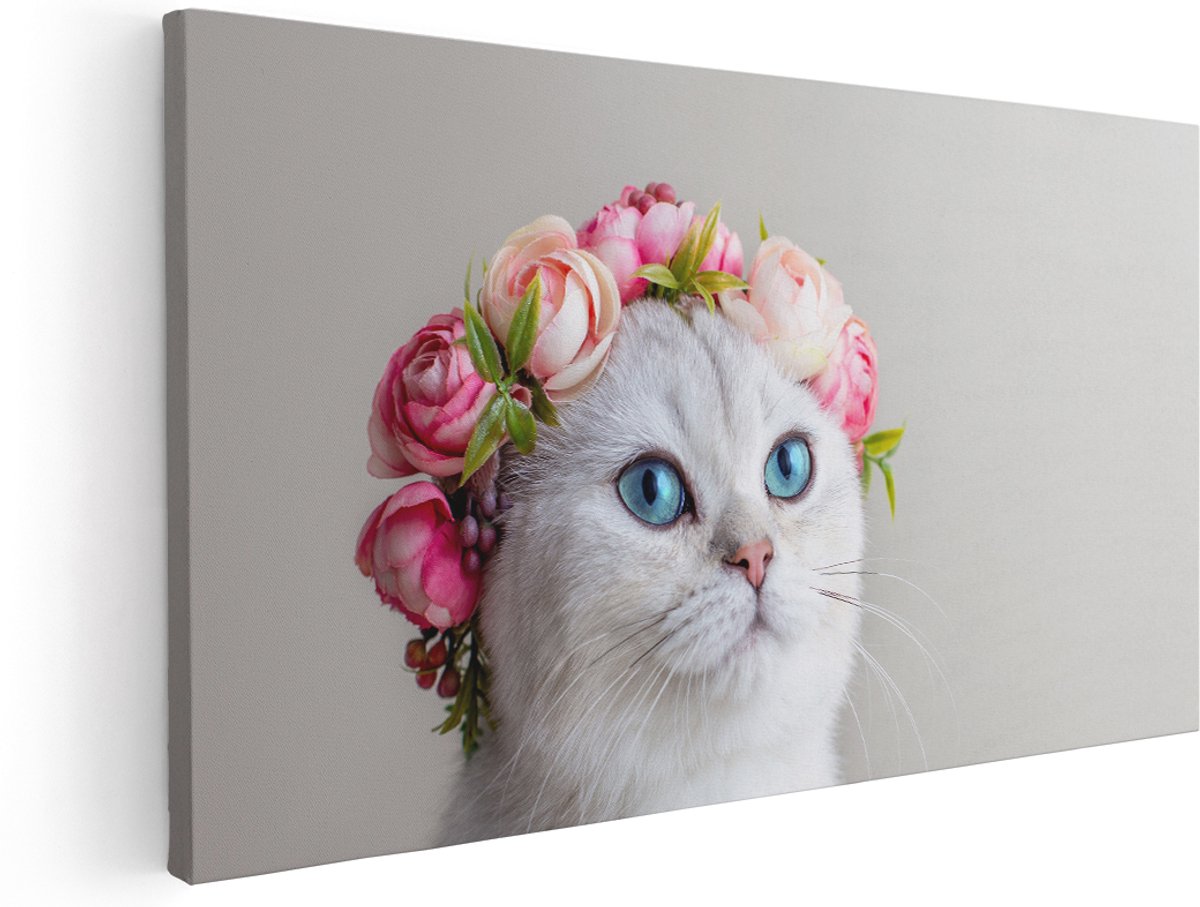 Artaza Canvas Schilderij Kat Met Een Bloemen Kroon - 180x90 cm - Groot - Wanddecoratie Woonkamer - Schilderijen - Muurdecoratie