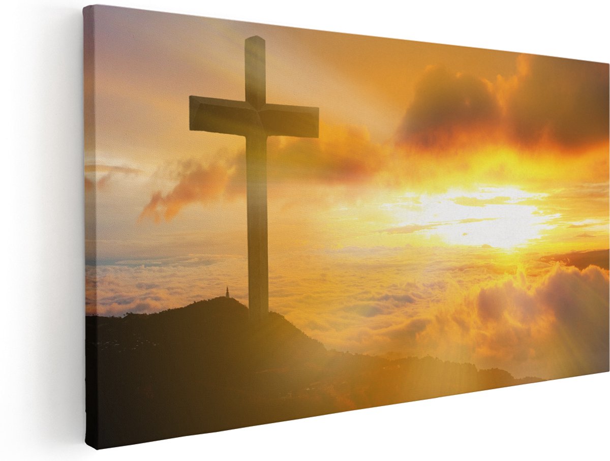 Artaza Canvas Schilderij Kruis van Jezus Christus bij Zonsondergang - 180x90 cm - Groot - Wanddecoratie Woonkamer - Schilderijen - Muurdecoratie