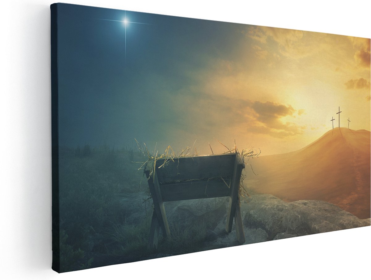Artaza Canvas Schilderij Kribbe en Drie Kruisen - 180x90 cm - Groot - Wanddecoratie Woonkamer - Schilderijen - Muurdecoratie