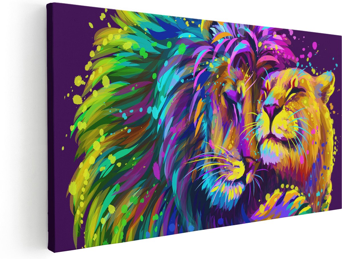 Artaza Canvas Schilderij Gekleurde Leeuw En Leeuwin - Abstract - 180x90 cm - Groot - Wanddecoratie Woonkamer - Schilderijen - Muurdecoratie