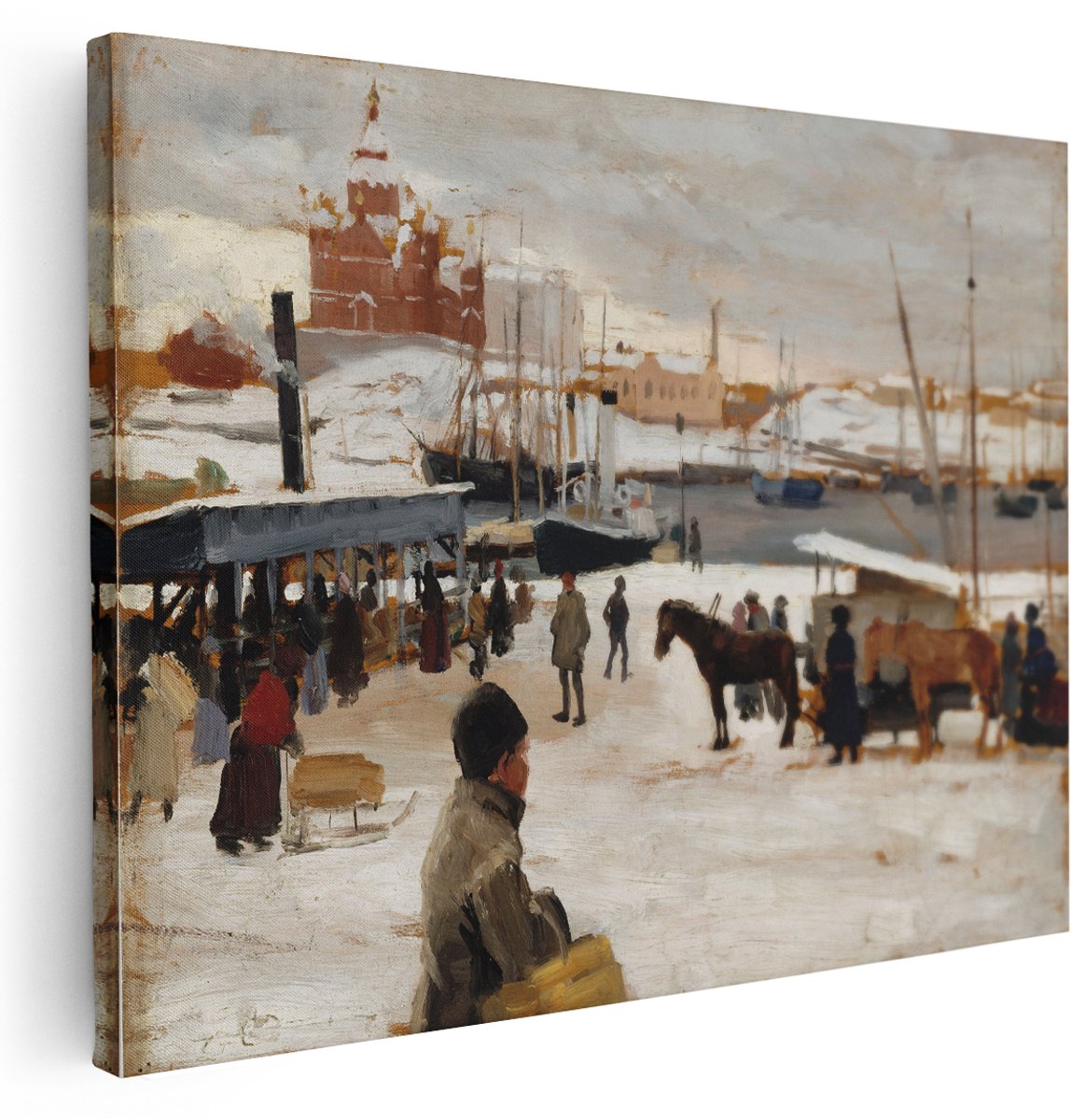 Artaza Canvas Schilderij Havengezicht - 160x120 cm - Groot - Wanddecoratie Winter - Muurdecoratie Klassieke Schilderijen - Schilderijen Op Canvas Stad