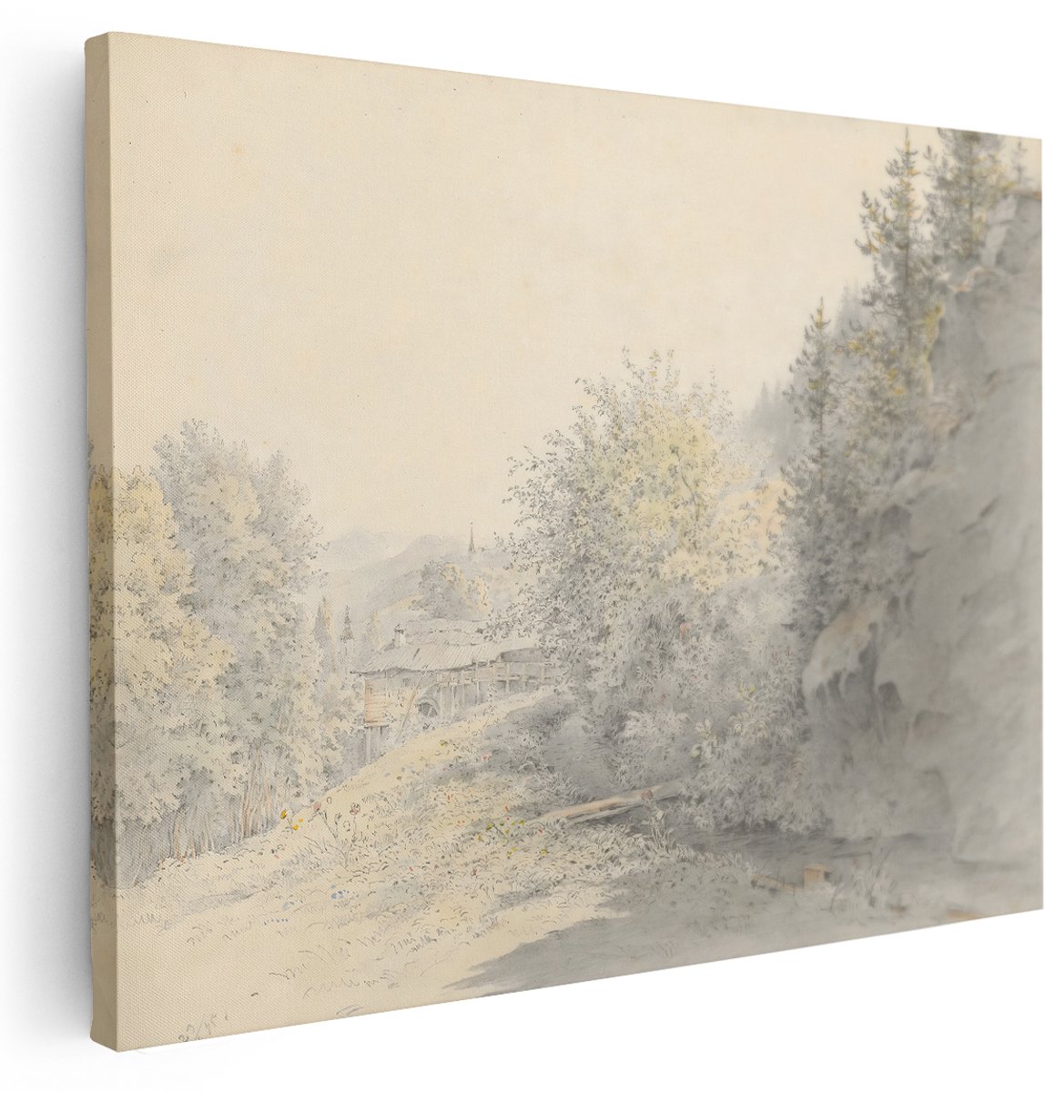 Artaza Canvas Schilderij Berglandschap - 160x120 cm - Groot - Wanddecoratie Aquarel Dorp - Muurdecoratie Natuur - Vintage Schilderijen Op Canvas
