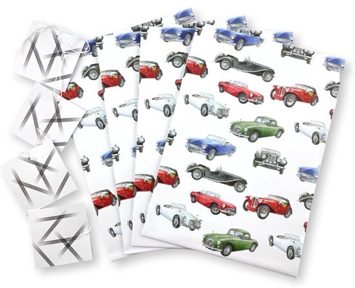 Gerecycled cadeaupapier set met vintage auto print - 4 vellen en labels