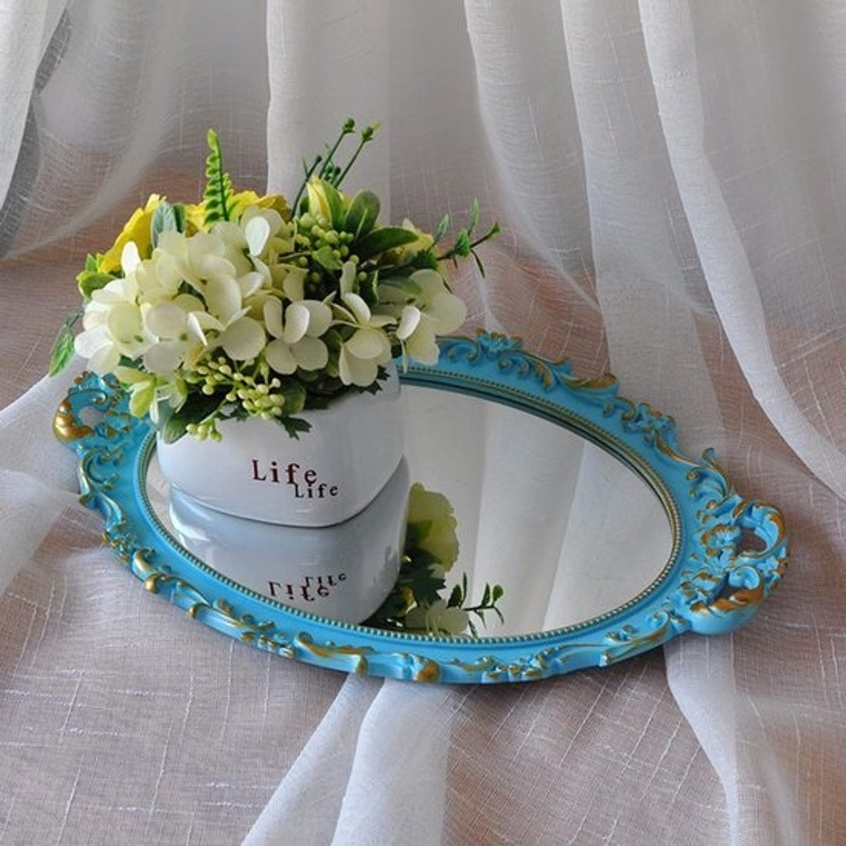 Ovale Decoratieve Spiegel Lade in Franse Stijl met Bloemenframe - Multifunctionele Make-up en Sieraden Organizer