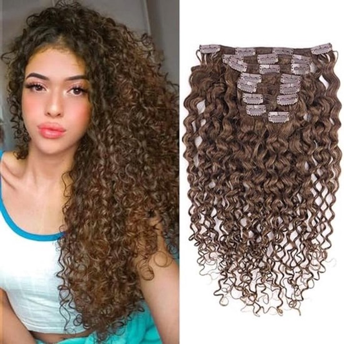 Kinky Curly Clip-in Haarextensies 45 cm 120 g Donkerbruin - Echte Haarstukjes voor Vrouwen